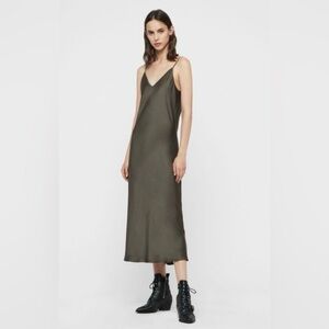 ALLSAINTS Tierney Midi Slip Dress, NWT, Khaki Green, Small